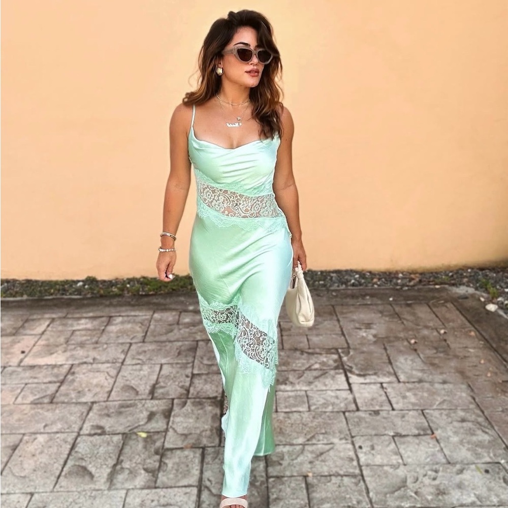 Forever 21 Lace-Trim Satin Cowl Maxi Dress Mint Green